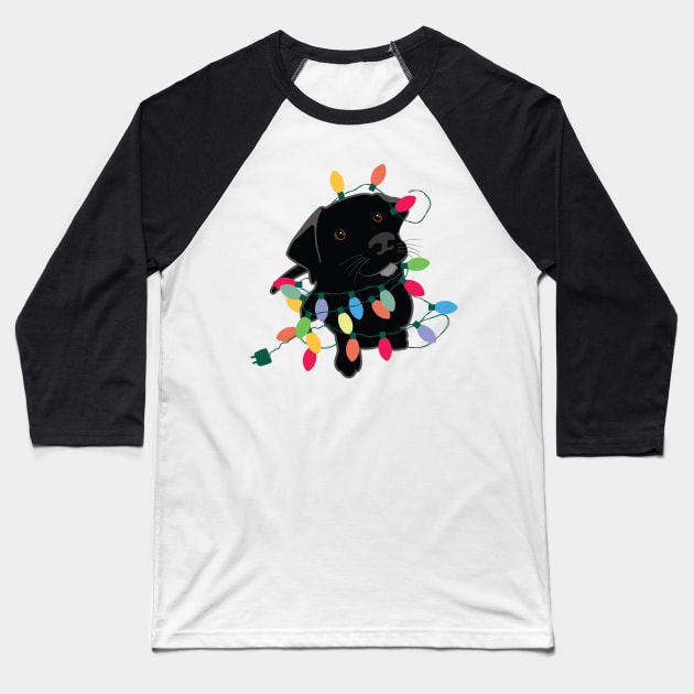 Puppy With Christmas Lights Baseball T-Shirt by DesignCat